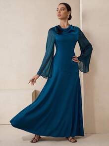 Graceveil Autumn Satin Shiny Patchwork Ruffle Collar Blue 3D Floral Decor Extra Long Dress Autumn Long Sleeve Maxi Dress Fall Cloth For Women - Blue - View 4