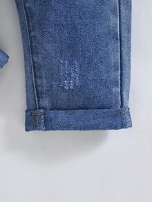 SHEIN 女婴可爱宽松蓝色牛仔背带裤秋冬装，街头酷炫风格牛仔服 - 深色水洗藍 - 查看 7