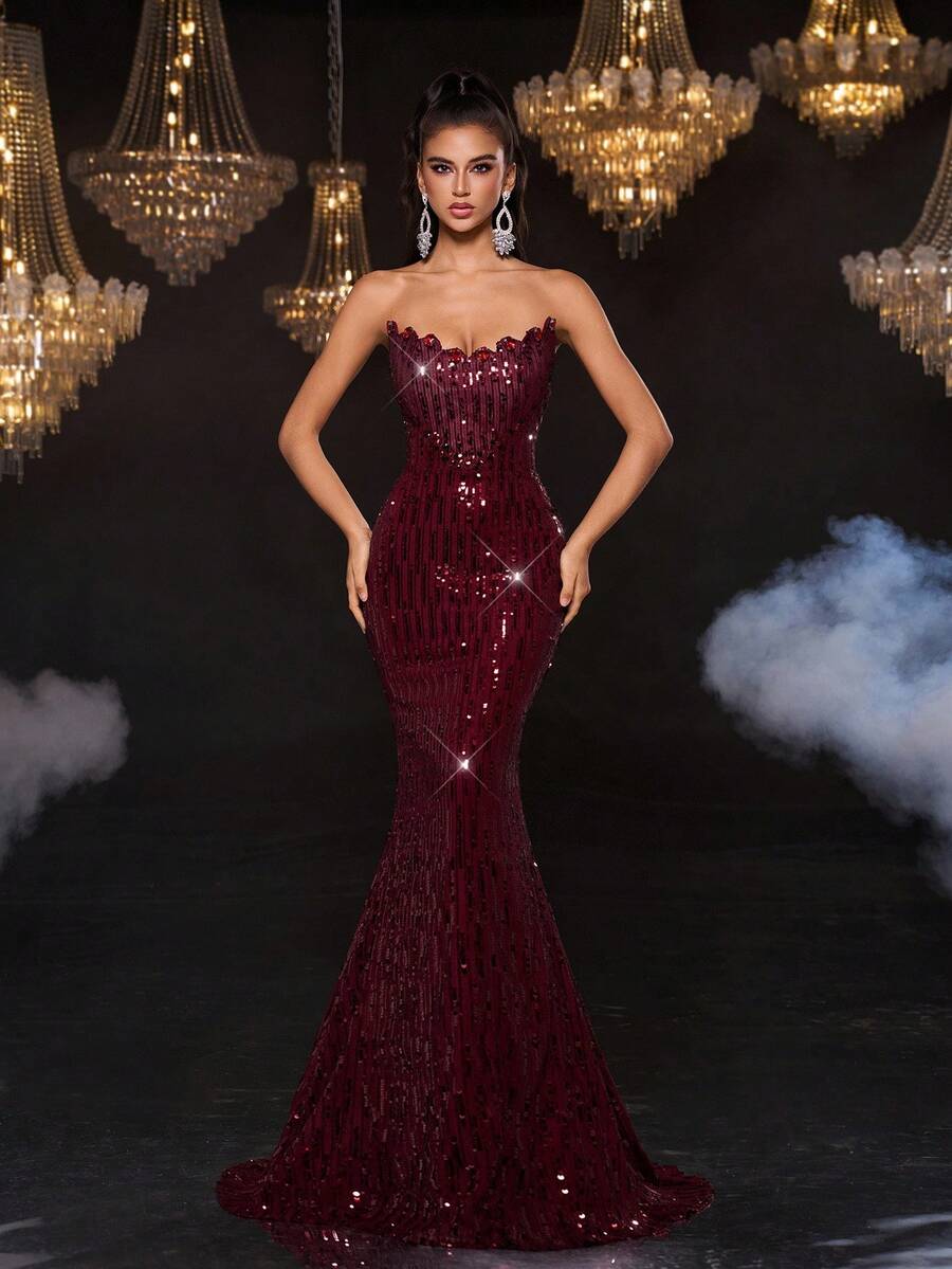 Glamrae 优雅奢华前卫红色亮片刺绣手工水晶珠钻石特殊波浪领口美人鱼下摆晚礼服、宾客礼服、仙女奢华礼服、正式礼服、连衣裙 - 紅色 - 查看 1