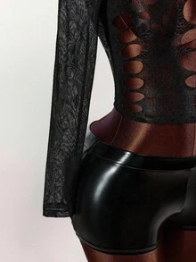 Amplova Women's Hollow-Out Design Round Neck Long Sleeve Sexy Fitted Lace Blouse