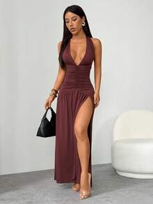 SHEIN PETITE 优雅浪漫性感派对深V领露背开叉A字长裙 - 棕色 - 查看 7