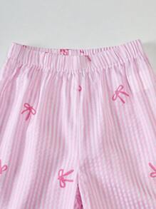 SHEIN Playful Pals 2 件装年轻女孩蝴蝶结条纹无袖上衣，带荷叶边下摆和裤子休闲装 - 粉色 - 查看 6