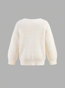 SHEIN Young Girl Loose Casual Minimalist Comfortable Crew Neck Long Sleeve Pullover Sweater,In Fall/Winter - White - View 4