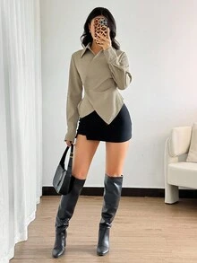 Modelyn Women's Solid Color Cross Wrap Asymmetric Hem Long Sleeve Shirt Office Blouse Business Casual Woman Blouse