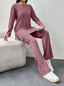 EURMUSE Cotton Drop Shoulder Split Hem Tee & Pants - Rusty Rose - View 4