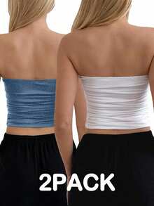 EURMUSE 2pcs Women's Minimalist Solid Color Ruched Fitted Tube Top, Summer - Multicolor - View 2