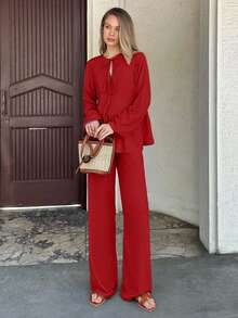 Cloudara WOMEN TWO PIECES OUTFIT WITH TIE KNOT DETAILED - Red - View 3