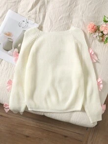 SHEIN 青少年女孩休闲圆领长袖镂空蝴蝶结针织毛衣，秋冬 - 白色 - 查看 2