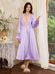 Côtesoire Robe longue élégante à col en V en dentelle violette avec patchwork pour femmes, nuisette vintage violette en dentelle, nuisette en satin à manches longues, automne - Parme - Voir 3