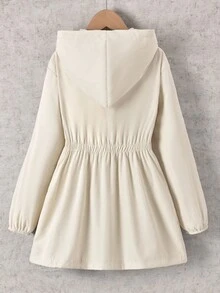 SHEIN Tween Girl Apricot Drawstring Waist Single-Breasted Casual Hooded Jacket - Apricot - View 2