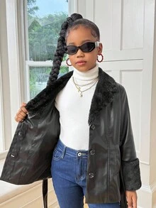 SHEIN Tween Girl Solid Color Long Sleeve Casual Oversized Collar PU Patchwork Fleece Drawstring Waist Jacket Coat (2 Piece Set Sold Separately), Autumn/Winter Outerwear, PU Jacket Coat Mommy And Me Matching Outfits - Black - View 11