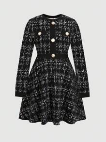 青少年女孩休闲简约舒适纽扣设计圆领长袖连衣裙 - 黑色 - 查看 5