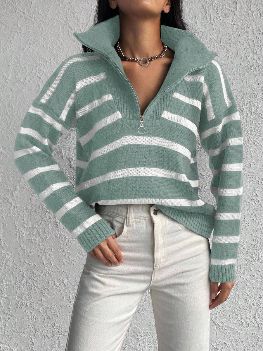 SHEIN Cottnline Women's Zipper Half-Placket Striped Sweater Pullover - Mint Green - View 1