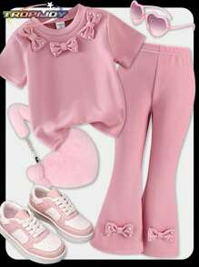 SHEIN 2pcs Pink Short Sleeve Top & Flared Pearl Decor Shorts Set For Little Girls Summer - Pink - View 1