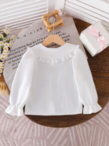 SHEIN Elladie kids 1 件女童纯白色蕾丝边休闲衬衫，精致荷叶边大彼得潘领，秋季可爱日常百搭衬衫 - 白色 - 查看 2