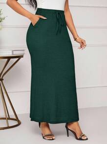 SHEIN Lady 2025 New Women's Dark Green Drawstring Waist Pocket Skirt, Elegant Christmas Women's Halloween Christmas Autumn & Winter Party Going Out Skirt Chic Women's Skirt Business Casual, Fall - Dark Green - View 3