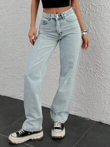 CasuGlow 女士直筒中腰牛仔裤 - 淺色水洗藍 - 查看 4