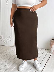 SHEIN CURVE+ 大码女式黑色针织弹力紧身及膝裙 - 棕色 - 查看 5