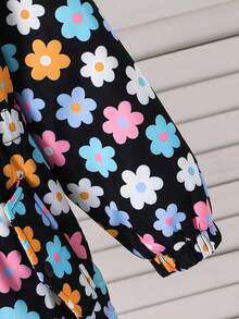 SHEIN 女童休闲百搭秋冬连帽中长款羽绒服，花卉图案保暖连帽羽绒服，秋冬羽绒服，长袖外套，连帽外套，女童冬季外套，女童冬季外套，花卉图案外套，女童保暖外套，女童连帽冬季外套，花卉图案外套，冬季外套，女童秋季 - 黑色 - 查看 8