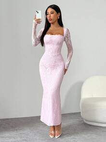 SHEIN PETITE فستان ماكسي أسود ضيق للجسم بياقة مربعة وأكمام طويلة من الدانتيل على شكل S مثير للحفلات والمناسبات الصيفية الجديد للنساء - وردي - مشاهدة 6