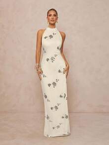 Lumalex 女式亮片刺绣立领腰部修身露背系带开衩连衣裙 - 杏色 - 查看 4