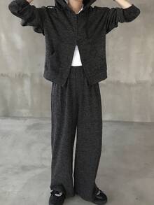 FRIFUL Bộ đồ thường ngày cho nữ, áo hoodie và quần dài tay dài có dây rút phía trước, màu trơn, hở vai - màu đen - Xem 1