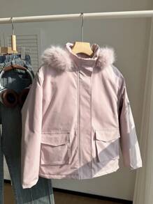 SHEIN 青少年女孩休闲百搭仿皮草连帽羊毛夹克 - 彩色 - 查看 5