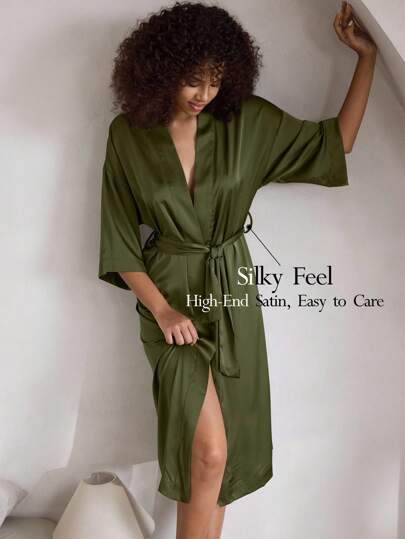 Ocili Leisure Comfortable Silky Waffle Robe With Tie, Soft Mid-Sleeve Ladies Nightgown Babydoll Luxeloungewear