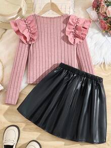 2pcs/Set Girls Elegant Pink Ruffled Pearl Decor Long Sleeve Ribbed Knit Top And PU Elastic Waist Skirt Set,Autumn Country Concert Outings Gatherings - Pink - View 7