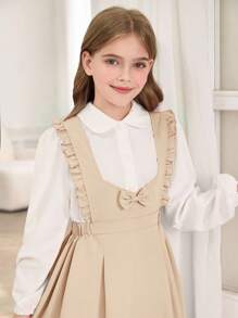 青少年女孩休闲校园风格可爱荷叶边蝴蝶结吊带裙和通勤白衬衫 T 恤套装，校服套装秋冬 - 卡其色 - 查看 5
