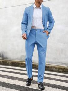 Manfinity Mode 男士淡蓝色西装两件套：修身休闲西装外套和裤子，打造时尚现代造型 - 藍色 - 查看 5