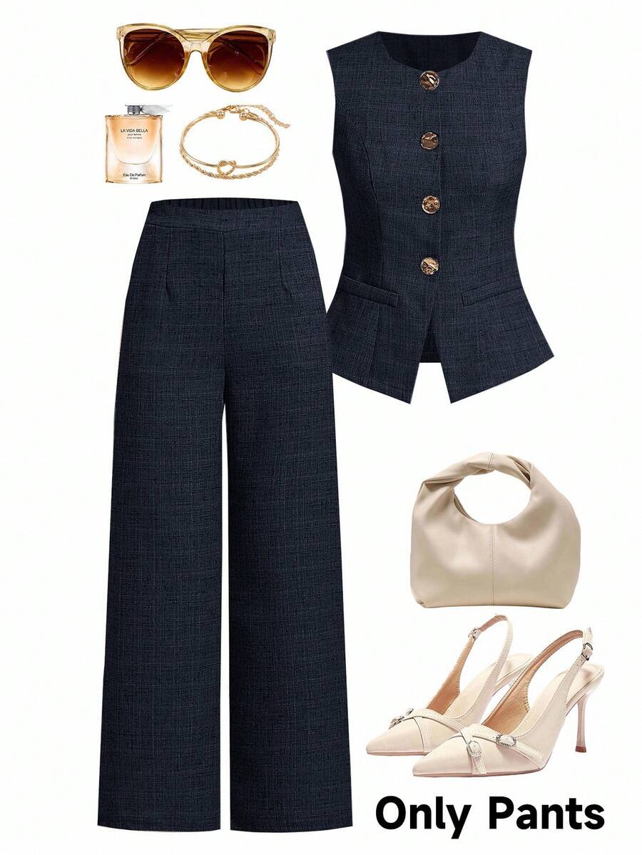 Ellevyn 优雅亚麻质感高品质通勤裤，夏季 - 藏蓝色 - 查看 1