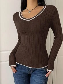 CovetEZ 女式撞色装饰扭纹修身长袖套头衫 - 棕色 - 查看 3