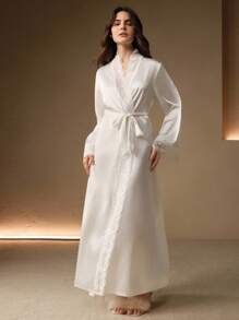 Anewsta Sexy Contrast Lace Long Robe, Women's Sleepwear, Valentine's Day Luxe Loungewear, Vacation, Winter - White - View 6