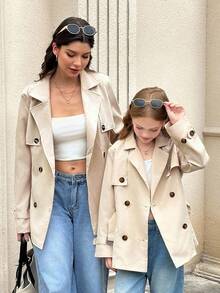 SHEIN Mädchen Tweens einfarbiger Khaki Doppelreiher Kragen locker sitzende Windjacke mit geraffter Taille, knielanger Trenchcoat, geeignet für den Lässig Alltag, lässigen Militärstil, Streetwear - Khaki - Übersicht 3