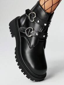 ROMWE 女士哥特朋克金属铆钉心形搭扣魔术贴厚底高跟5厘米时尚休闲踝靴，PU皮革，学院风 - 黑色 - 查看 3