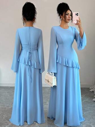 Rafferiza 圆领纯色喇叭袖长袖荷叶边下摆收腰修身晚礼服