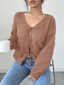 Selianne Áo cánh dài tay buộc dây phía trước màu trơn dành cho nữ, thiết kế đơn giản để mặc hàng ngày, áo khoác cardigan dáng ngắn màu đen, áo khoác cardigan nơ cho bé gái, áo khoác cardigan dáng ngắn màu đen - màu nâu - Xem 3