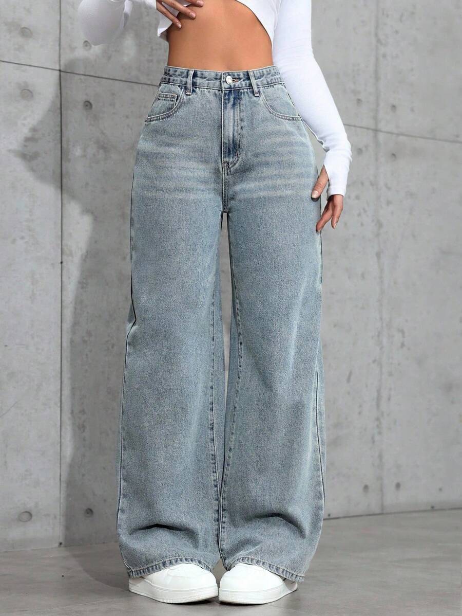 SHEIN PETITE 女士高腰口袋阔腿宽松休闲百搭牛仔裤 - 藍色 - 查看 1