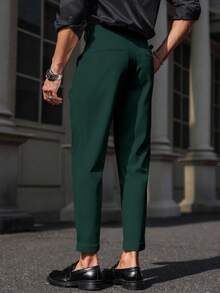Calvornis Men's Casual Minimalist Pleated Solid Color Tapered Pants, Spring/Autumn, Fall - Dark Green - View 2
