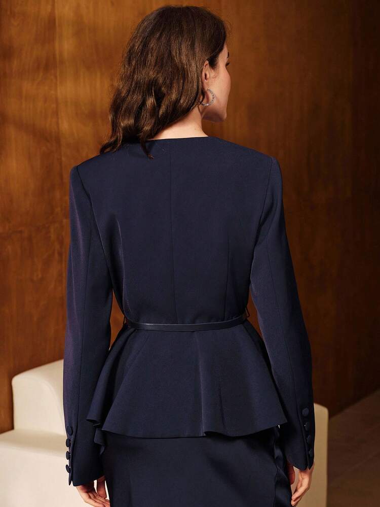 Elegant V-Neck Asymmetric Hem Long Sleeve Cinched Waist Women's Jacket, Suitable For Autumn, Winter, Office, Going Out, Party, Formal Occasions
