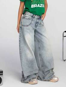 EURMUSE 低腰复古水洗斜口袋阔腿牛仔裤 - 中等水洗藍 - 查看 5