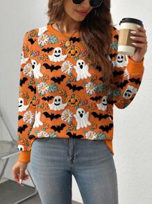 EMERY ROSE Orange Ghost, Pumpkin, Bat Graphic Print Halloween Raglan Long Sleeve Plus Size Sweatshirt Fall Cloth For Women Winter Autumn - Multicolor - View 3