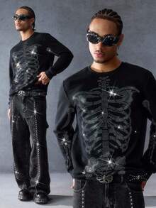 ROMWE MEN Anime Moletom de Manga Longa com Gola Careca e Esqueleto Cravejado de Strass, Halloween - Preto - Visão 10