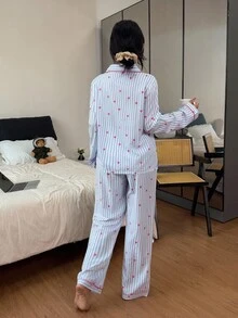 Casual Multicolor Women's Pajama Set, Blue Button Up Long Sleeve Top And Pocket Detail Heart Print Striped Pants Pajama Set, Fall Winter Clothes Cozy And Elegant Details - Multicolor - View 2