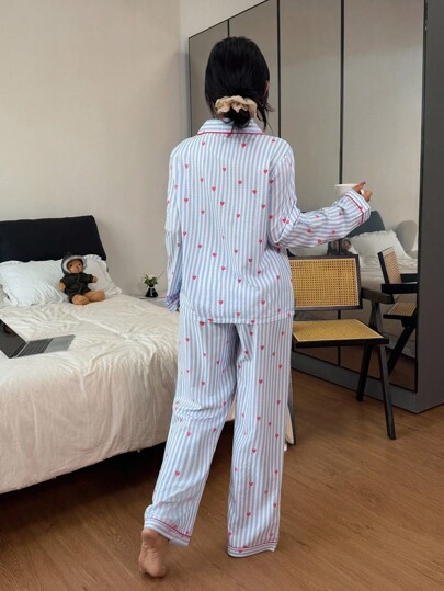 Multi Pajama Set, Blauw Button Up Long Sleeve Top Pocket Heart Print Gestreepte Pants Fall Clothes Cozy Elegante view 2