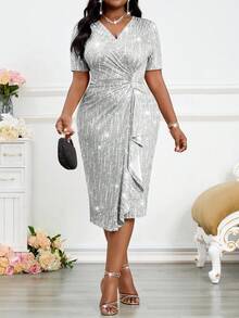 Fleurora 2025 New Plus Size Women Spring And Summer Elegant Silver Elegant Retro Work Wedding Reception Valentine's Day New Year's Party Knitted Depp V Neck Rhinestone Ruffle New Arrival Slim Dress Plus Size Dress Formal Prom Dress  Dresses For Women Elegant Party Dress Long Party Dress Halloween Wedding Guest Dress For Women Elegant Dresses For Party National Day Dress Shiny Dress Plus Size Party Outfit Women Party Outfit Plus Size Silver Dress Curve Birthday Outfit Dinner Outfits For Women  Long Summer Dress For Women - Silver - View 6