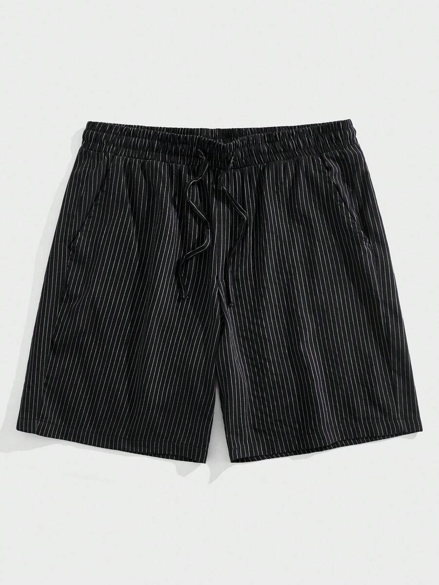 Manfinity RelaxMax Men's Striped Elastic Waist Pocket Drawstring Casual Shorts - Black - View 1