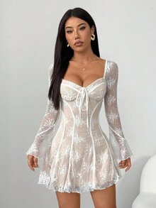 SHEIN PETITE Váy ren xếp ly kiểu bustier cho nữ, trang phục mùa hè cho nữ/trang phục mùa xuân/trang phục ngày lễ tình nhân/trang phục lễ hội/trang phục đi nghỉ biển, trang phục Nashville, váy tốt nghiệp màu trắng, váy ren trắng - trắng - Xem 8
