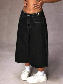 SHEIN EZwear 大码女式口袋宽松阔腿休闲百搭七分牛仔裤 - 黑色 - 查看 6